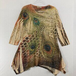 Vintage Jess & Jane Top Size Large Multi Color Peacock Artsy Stretch Boho Tunic
